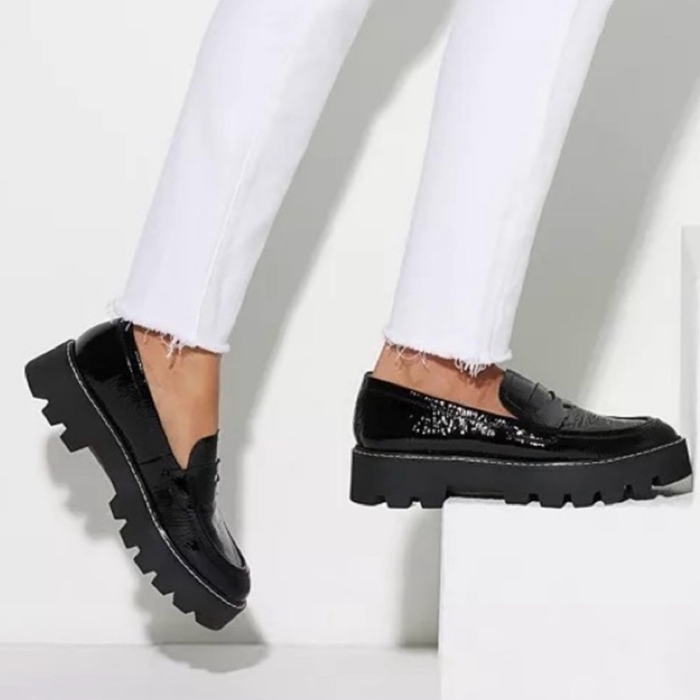 EUC Franco Sarto Balin Black Patent Leather lug sole platform loafers
